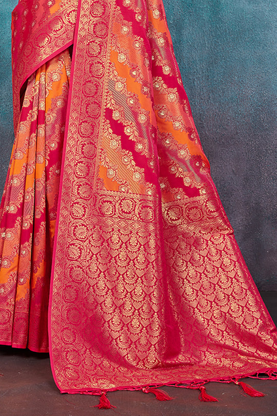 Orange & Magenta Banarasi Silk Saree With Blouse