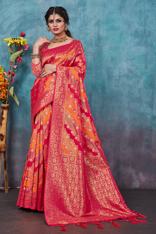 Orange & Magenta Banarasi Silk Saree With Blouse