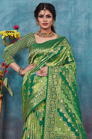 Green Banarasi Silk Saree With Blouse