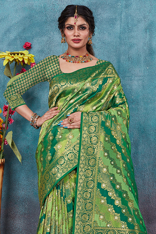 Green Banarasi Silk Saree With Blouse