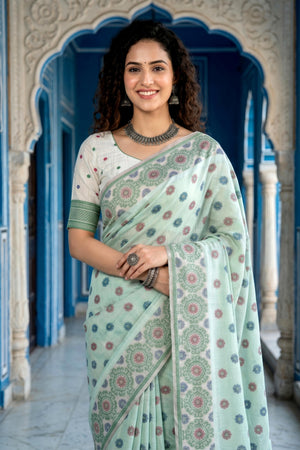 Pastel Mint Green Cotton Blend Woven Work Traditional Saree