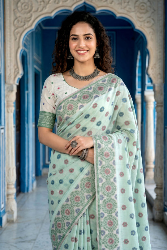 Pastel Mint Green Cotton Blend Woven Work Traditional Saree
