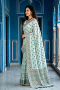 Pastel Mint Green Cotton Blend Woven Work Traditional Saree