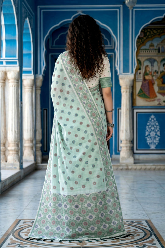 Pastel Mint Green Cotton Blend Woven Work Traditional Saree