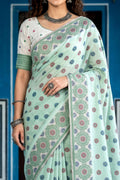Pastel Mint Green Cotton Blend Woven Work Traditional Saree