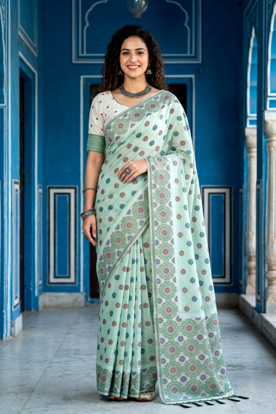 Pastel Mint Green Cotton Blend Woven Work Traditional Saree