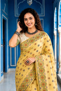 Lemon Yellow Cotton Blend Woven Work Traditional Saree