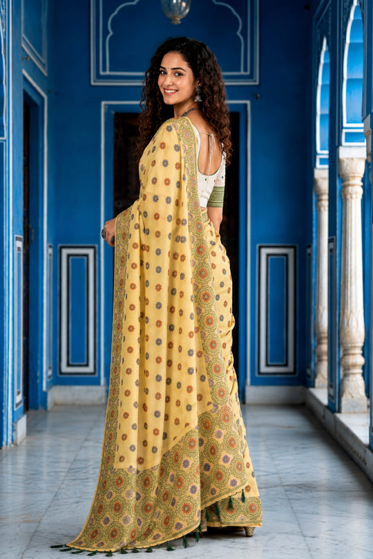 Lemon Yellow Cotton Blend Woven Work Traditional Saree