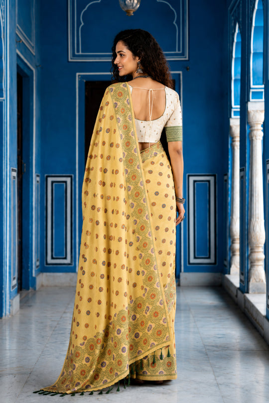 Lemon Yellow Cotton Blend Woven Work Traditional Saree