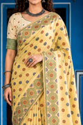 Lemon Yellow Cotton Blend Woven Work Traditional Saree