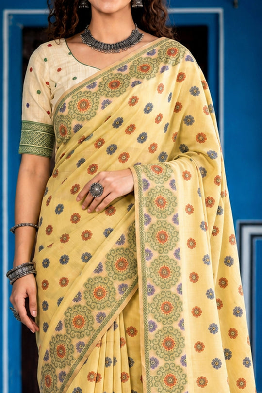 Lemon Yellow Cotton Blend Woven Work Traditional Saree