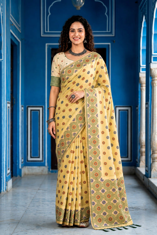 Lemon Yellow Cotton Blend Woven Work Traditional Saree