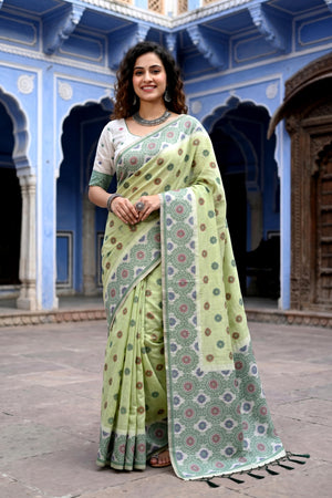 Pastel Green Cotton Blend Woven Work Traditional Saree