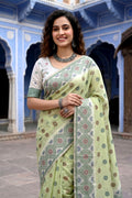 Pastel Green Cotton Blend Woven Work Traditional Saree