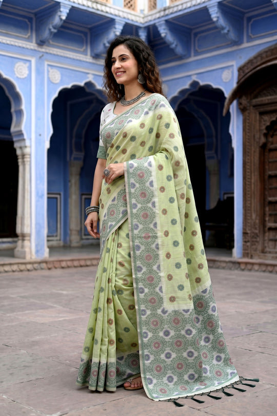 Pastel Green Cotton Blend Woven Work Traditional Saree
