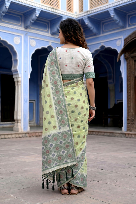 Pastel Green Cotton Blend Woven Work Traditional Saree