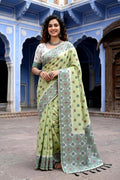 Pastel Green Cotton Blend Woven Work Traditional Saree