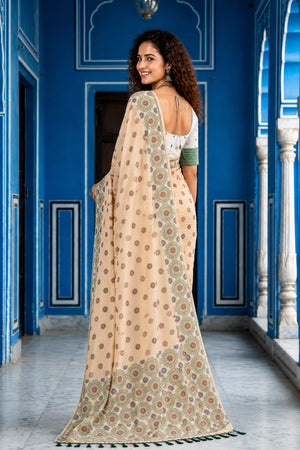 Beige Cotton Blend Woven Work Traditional Saree