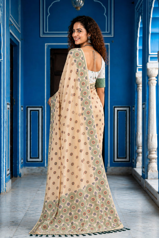 Beige Cotton Blend Woven Work Traditional Saree