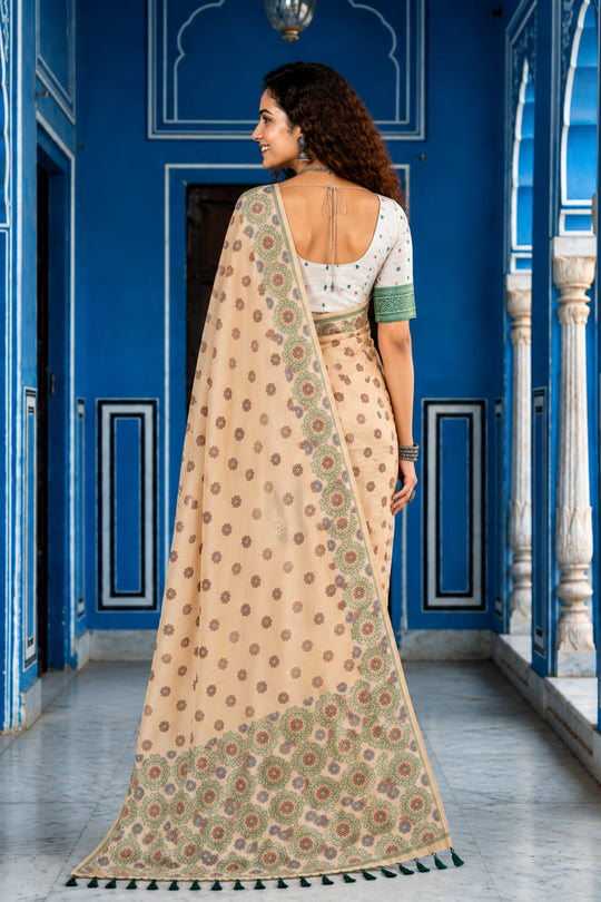 Beige Cotton Blend Woven Work Traditional Saree