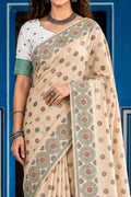 Beige Cotton Blend Woven Work Traditional Saree