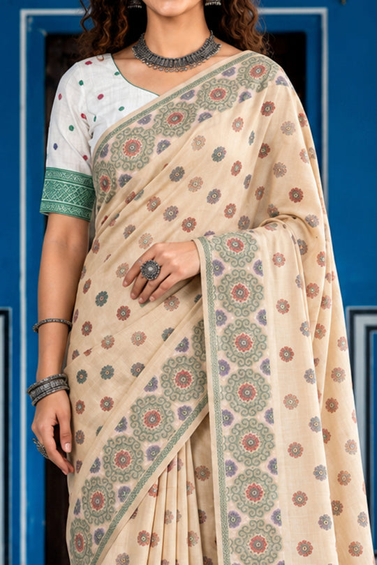 Beige Cotton Blend Woven Work Traditional Saree