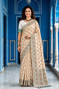 Beige Cotton Blend Woven Work Traditional Saree