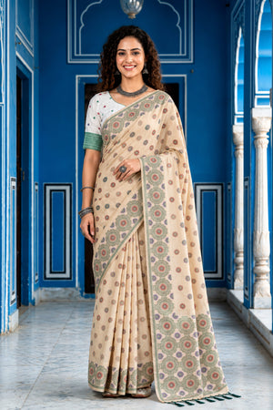 Beige Cotton Blend Woven Work Traditional Saree