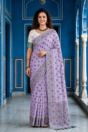 Baby Pink Cotton Blend Woven Work Traditional Saree