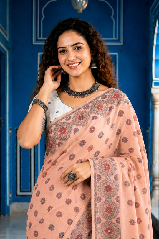Blush Pink Cotton Blend Woven Work Traditional Saree