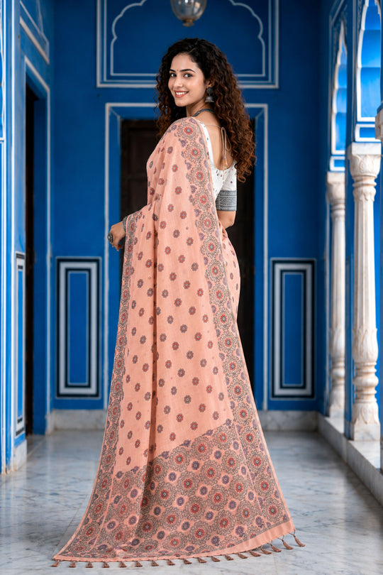 Blush Pink Cotton Blend Woven Work Traditional Saree