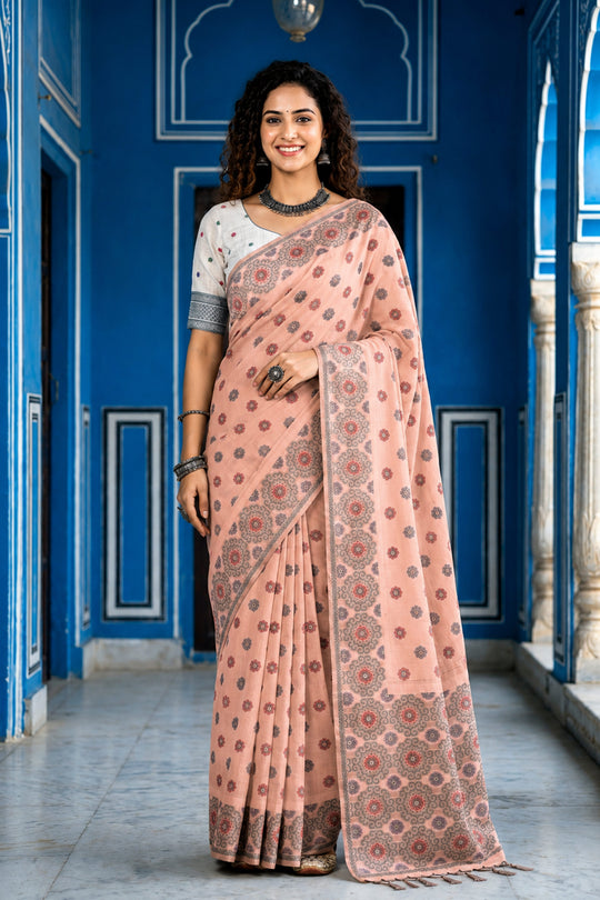 Blush Pink Cotton Blend Woven Work Traditional Saree