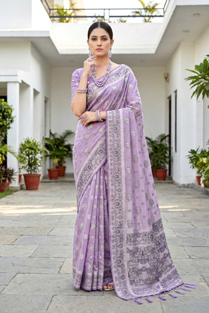 Lavender Purple Cotton Blend Woven Work Traditional Saree