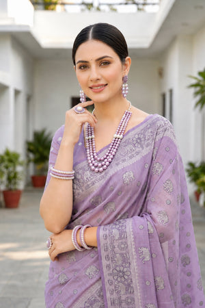 Lavender Purple Cotton Blend Woven Work Traditional Saree