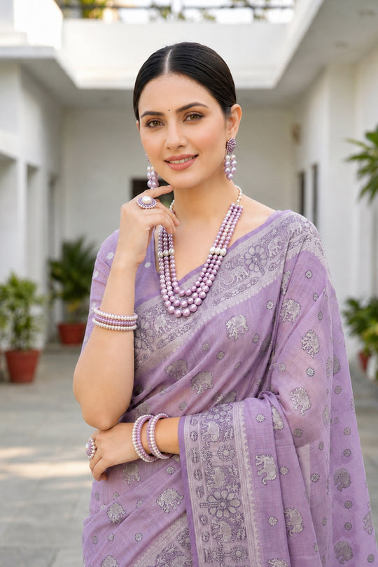 Lavender Purple Cotton Blend Woven Work Traditional Saree