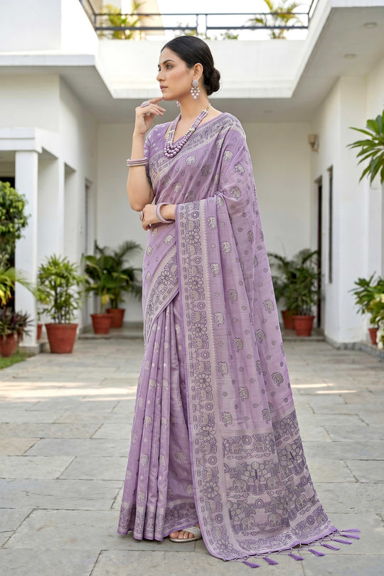 Lavender Purple Cotton Blend Woven Work Traditional Saree