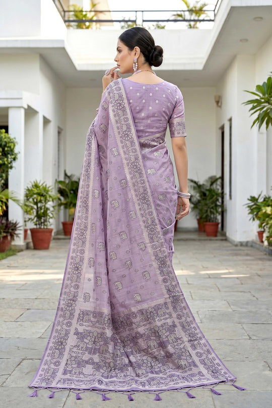 Lavender Purple Cotton Blend Woven Work Traditional Saree