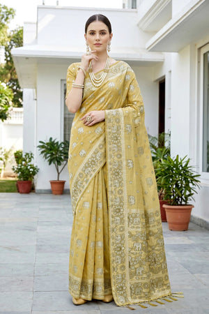 Mustard Gold Cotton Blend Woven Work Traditional Saree