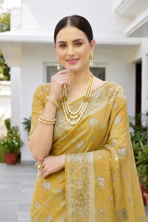 Mustard Gold Cotton Blend Woven Work Traditional Saree