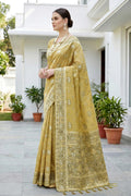 Mustard Gold Cotton Blend Woven Work Traditional Saree