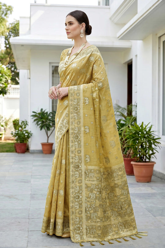 Mustard Gold Cotton Blend Woven Work Traditional Saree