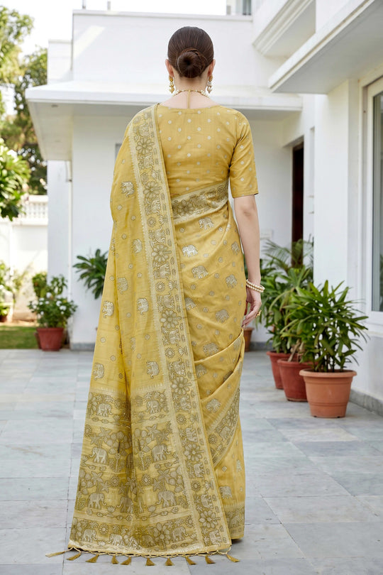 Mustard Gold Cotton Blend Woven Work Traditional Saree