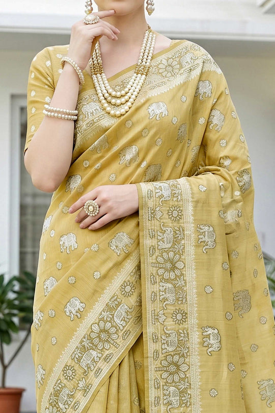 Mustard Gold Cotton Blend Woven Work Traditional Saree