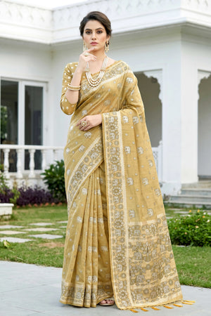 Honey Gold Cotton Blend Woven Work Traditional Saree