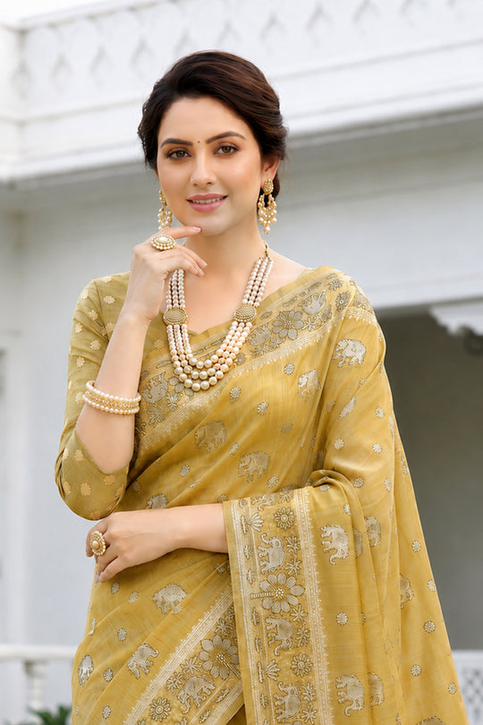 Honey Gold Cotton Blend Woven Work Traditional Saree