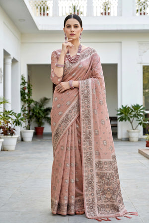 Dusty Rose Cotton Blend Woven Work Traditional Saree