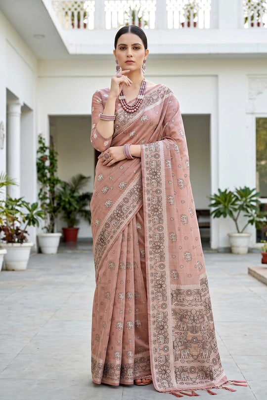 Dusty Rose Cotton Blend Woven Work Traditional Saree
