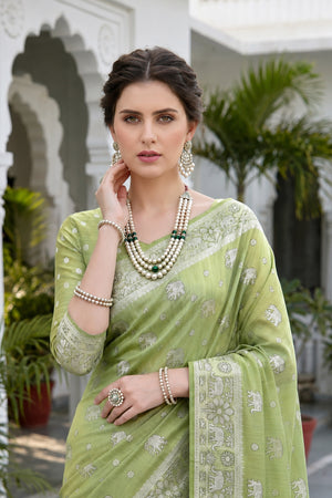 Pista Green Cotton Blend Woven Work Traditional Saree
