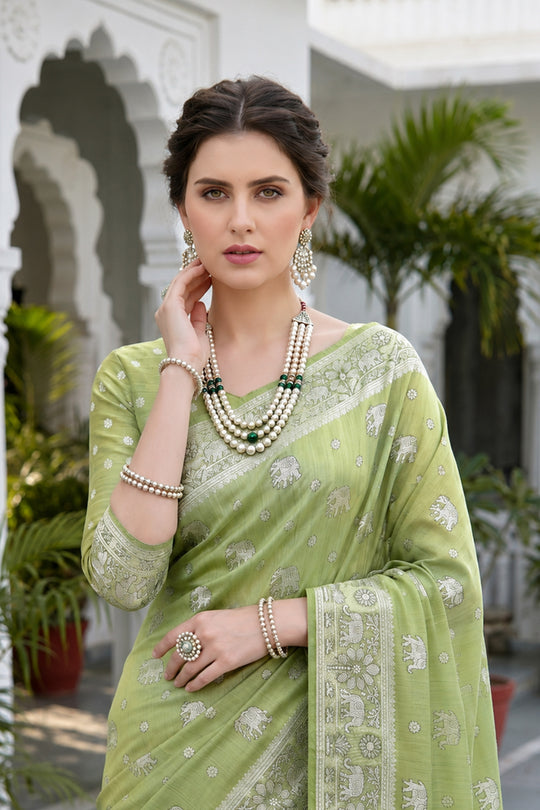 Pista Green Cotton Blend Woven Work Traditional Saree
