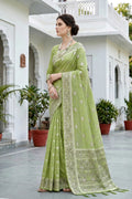 Pista Green Cotton Blend Woven Work Traditional Saree